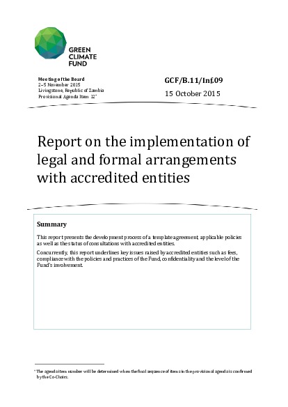 Document cover for Report on the implementation of legal and formal arrangements with accredited entities