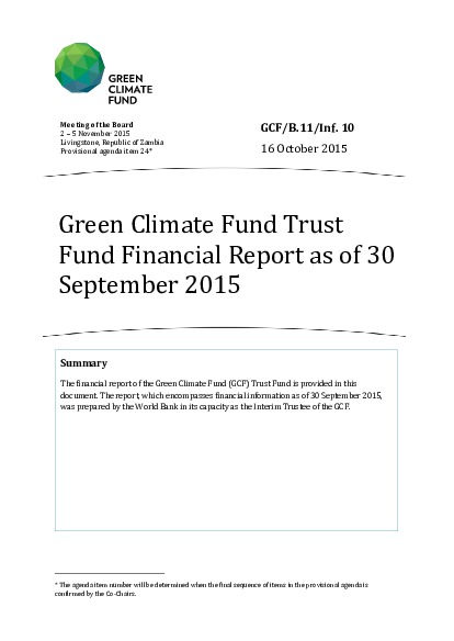 Document cover for Green Climate Fund Trust Fund Financial Report as of 30 September 2015