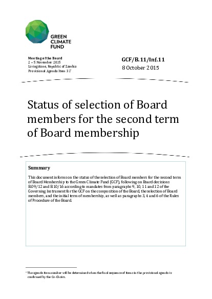 Document cover for Status of selection of Board members for the second term of Board membership