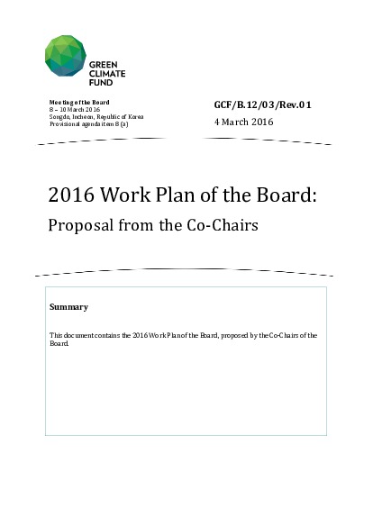 Document cover for 2016 Work Plan of the Board: Proposal from the Co-Chairs