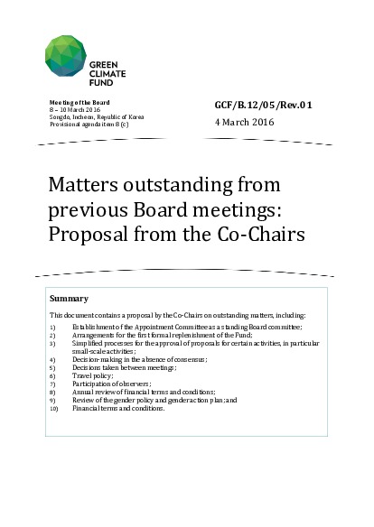 Document cover for Matters outstanding from previous Board meetings: Proposal from the Co-Chairs