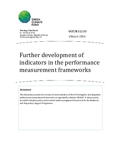 Document cover for Further development of indicators in the performance measurement frameworks