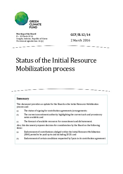 Document cover for Status of the Initial Resource Mobilization process