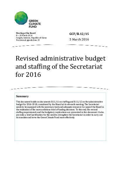 Document cover for Revised administrative budget and staffing of the Secretariat for 2016