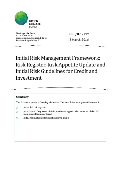 Document cover for Initial risk management framework: risk register, risk appetite update and initial risk guidelines for credit and investment