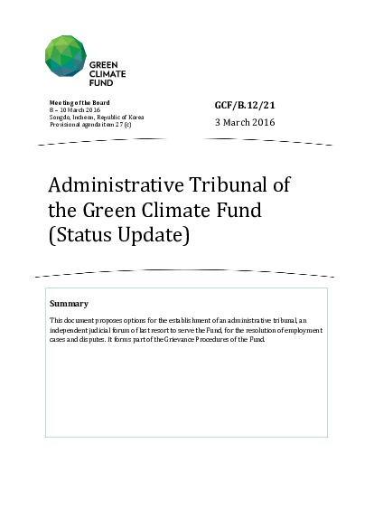 Document cover for Administrative Tribunal of the Green Climate Fund (Status Update)