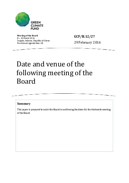 Document cover for Date and venue of the following meeting of the Board