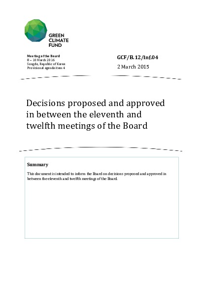 Document cover for Decisions proposed and approved in between the eleventh and twelfth meetings of the Board