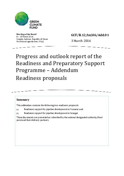 Document cover for Progress and outlook report of the Readiness and Preparatory Support Programme – Addendum Readiness proposals