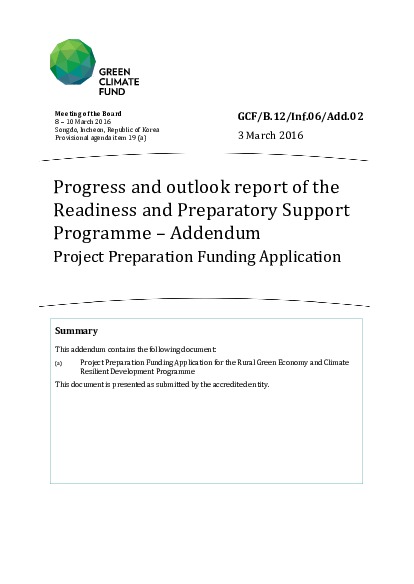 Document cover for Progress and outlook report of the Readiness and Preparatory Support Programme – Addendum Project Preparation Funding Application