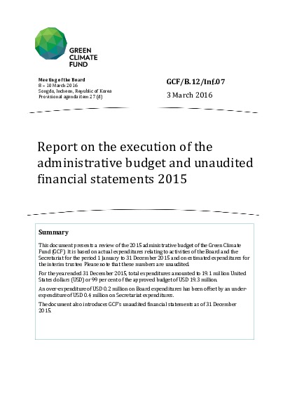 Document cover for Report on the execution of the administrative budget and unaudited financial statements 2015