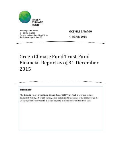 Document cover for Green Climate Fund Trust Fund Financial Report as of 31 December 2015