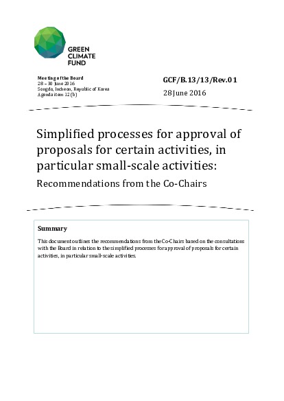 Document cover for Simplified processes for approval of proposals for certain activities, in particular small-scale activities: Recommendations from the Co-Chairs