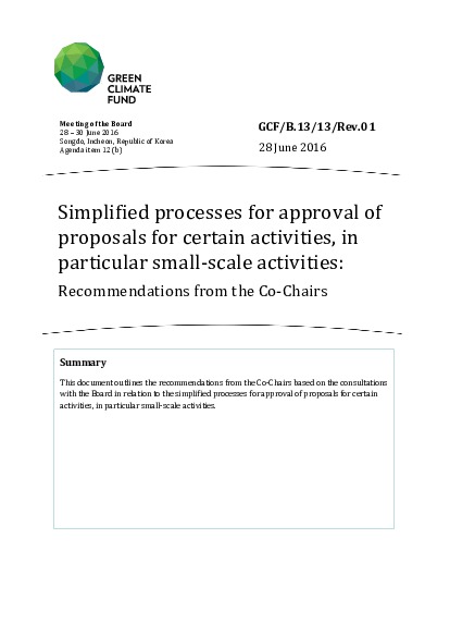 Download Simplified processes for approval of proposals for certain activities, in particular small-scale activities: Recommendations from the Co-Chairs Document cover for Simplified processes for approval of proposals for certain activities, in particular small-scale activities: Recommendations from the Co-Chairs