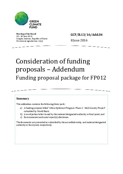 Document cover for Funding proposal package for FP012
