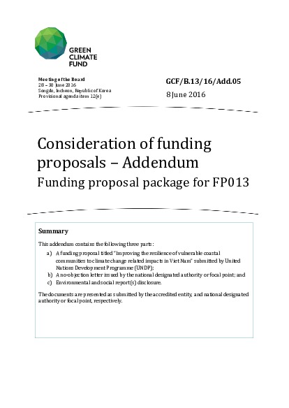 Document cover for Funding proposal package for FP013