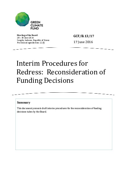 Document cover for Interim Procedures for Redress: Reconsideration of Funding Decisions