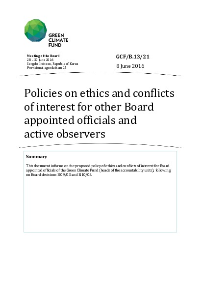 Document cover for Policies on ethics and conflicts of interest for other Board appointed officials and active observers