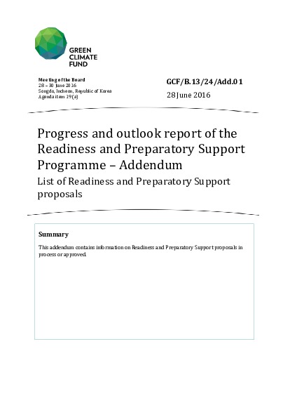 Document cover for Progress and outlook report of the Readiness and Preparatory Support Programme – Addendum