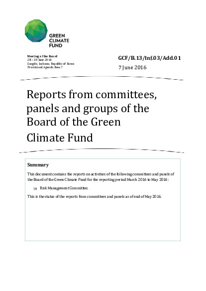 Download Reports from committees, panels and groups of the Board of the Green Climate Fund Document cover for Reports from committees, panels and groups of the Board of the Green Climate Fund