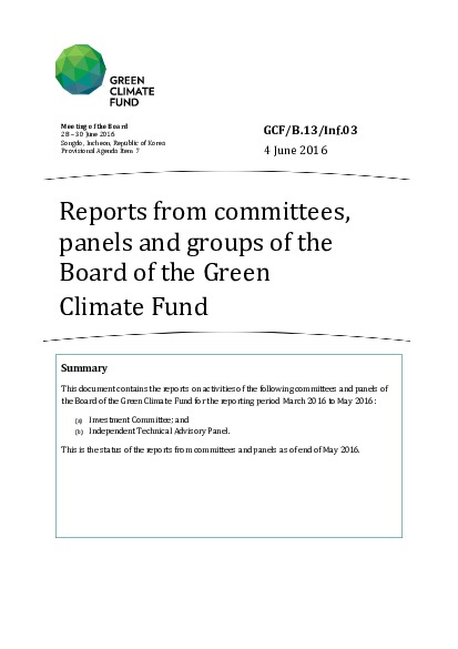 Document cover for Reports from committees, panels and groups of the Board of the Green Climate Fund