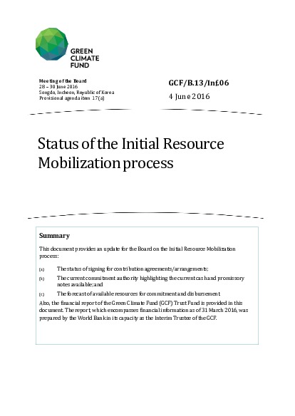 Document cover for Status of the Initial Resource Mobilization process