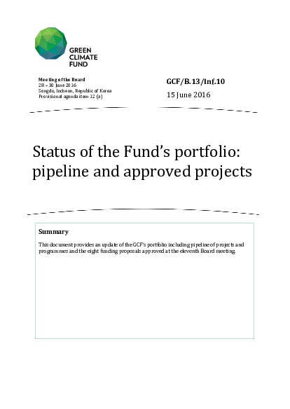 Document cover for Status of the Fund’s portfolio: pipeline and approved projects
