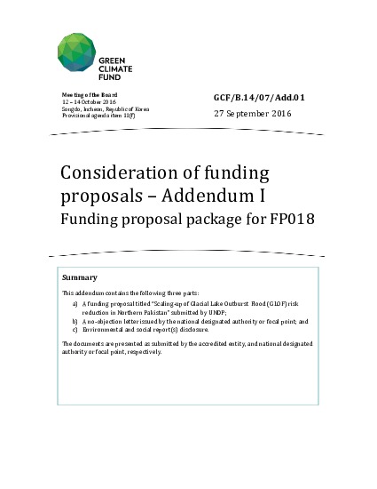 Document cover for Funding proposal package for FP018