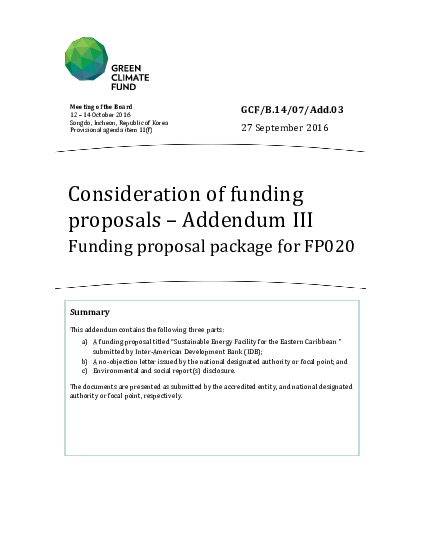 Document cover for Funding proposal package for FP020