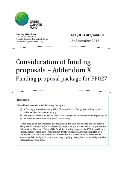 Document cover for Funding proposal package for FP027