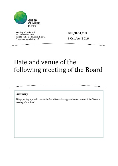 Document cover for Date and venue for the following meeting of the Board