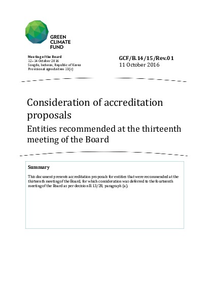 Document cover for Consideration of accreditation proposals Entities recommended at the thirteenth meeting of the Board