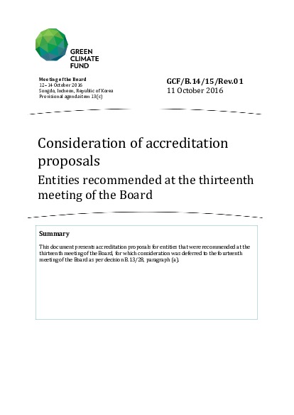 Download Consideration of accreditation proposals Entities recommended at the thirteenth meeting of the Board Document cover for Consideration of accreditation proposals Entities recommended at the thirteenth meeting of the Board