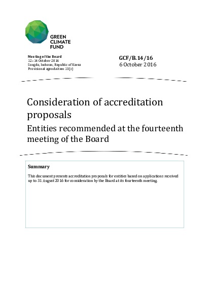 Document cover for Consideration of accreditation proposals Entities recommended at the fourteenth meeting of the Board