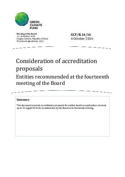 Download Consideration of accreditation proposals Entities recommended at the fourteenth meeting of the Board Document cover for Consideration of accreditation proposals Entities recommended at the fourteenth meeting of the Board
