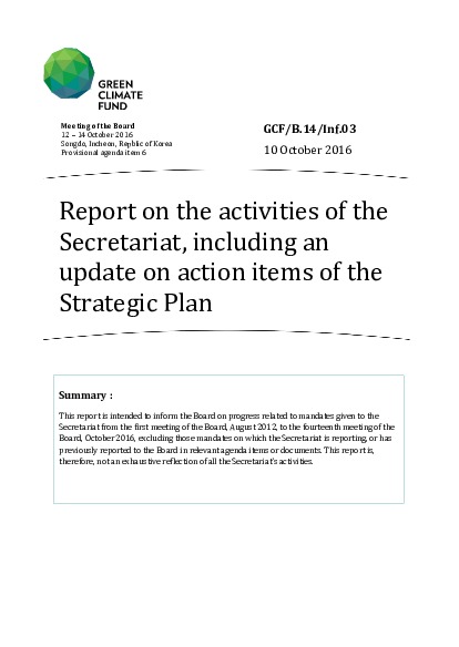 Document cover for Report on the activities of the Secretariat, including an update on action items of the Strategic Plan