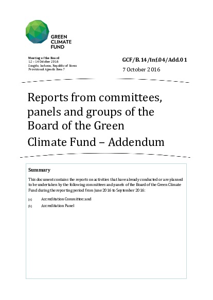 Download Reports from committees, panels and groups of the Board of the Green Climate Fund – Addendum Document cover for Reports from committees, panels and groups of the Board of the Green Climate Fund – Addendum