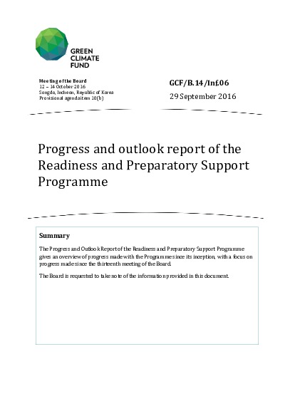 Document cover for Progress and outlook report of the Readiness and Preparatory Support Programme