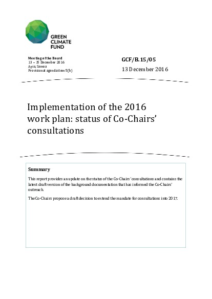 Document cover for Implementation of the 2016 workplan: status of Co-Chairs’ consultations