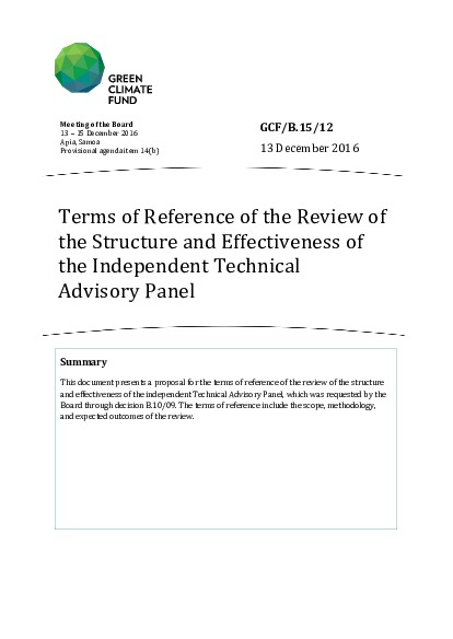 Document cover for Terms of Reference of the Review of the Structure and Effectiveness of the Independent Technical Advisory Panel