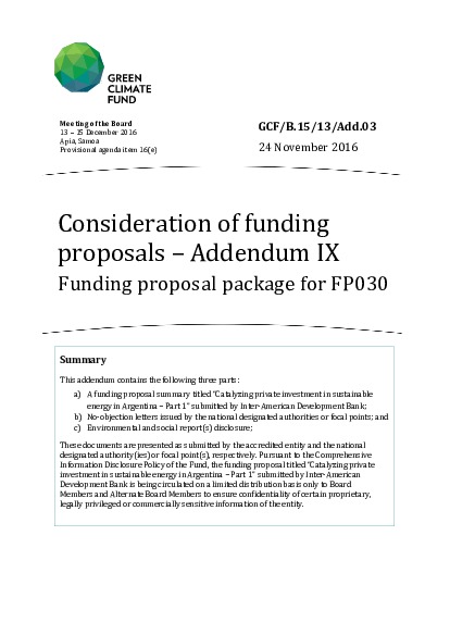 Document cover for Funding proposal summary package for FP030