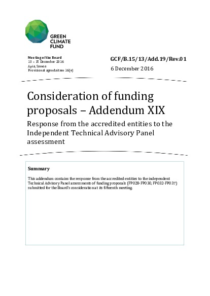 Document cover for Consideration of funding proposals: Response from the accredited entities to the Independent Technical Advisory Panel assessment
