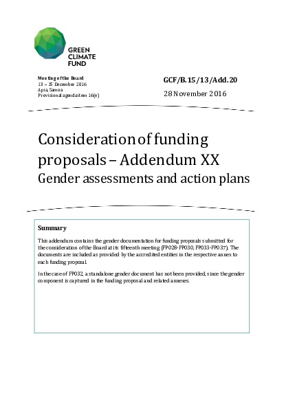 Document cover for Consideration of funding proposals: Gender assessments and action plans