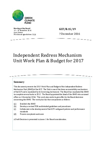 Download Work plan and budget of the Independent Redress Mechanism for 2017 Document cover for Work plan and budget of the Independent Redress Mechanism for 2017