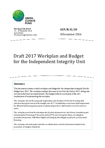 Download Workplan and budget for the Independent Integrity Unit for 2017 Document cover for Workplan and budget for the Independent Integrity Unit for 2017