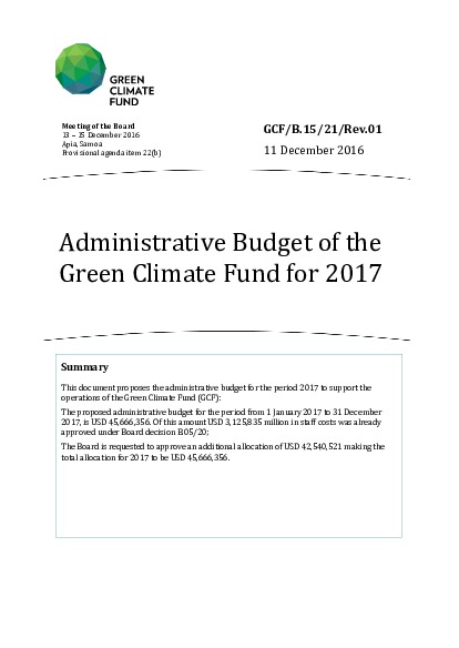 Document cover for Administrative Budget of the Green Climate Fund for 2017