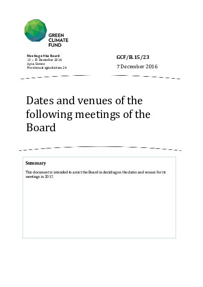 Document cover for Dates and venues of the following meetings of the Board