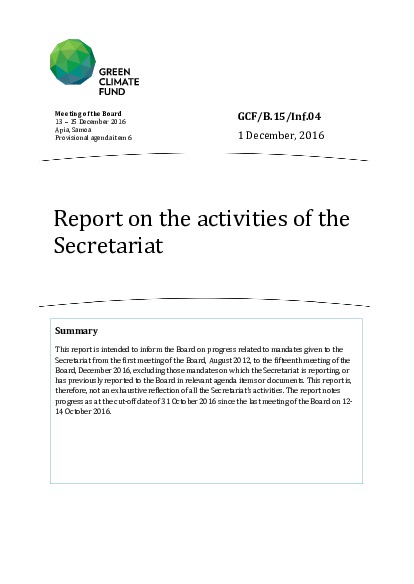 Document cover for Report on the activities of the Secretariat