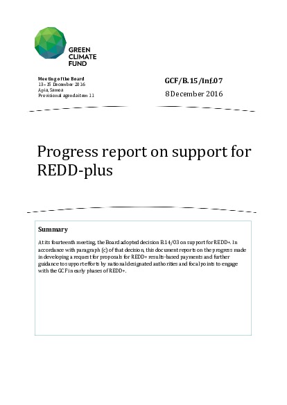 Document cover for Progress report on support for REDD+