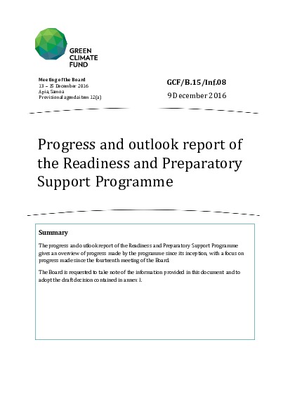 Document cover for Progress and outlook report of the Readiness and Preparatory Support Programme